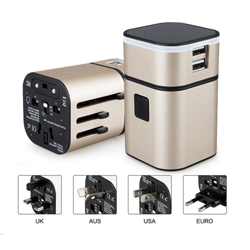 รหัสสินค้า PU-025 ปลั๊กทั่วโลก ปลั๊ก Universal Travel Adapter 2usb พร้อมถุงผ้า/กระเป๋า ฟรีสกรีนโลโก้